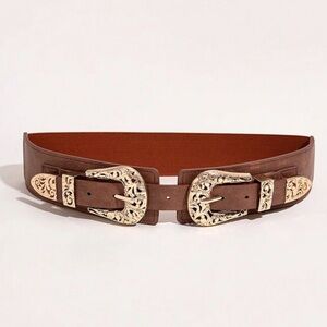 Brown Western Gold Double Buckle Stretchy Belt